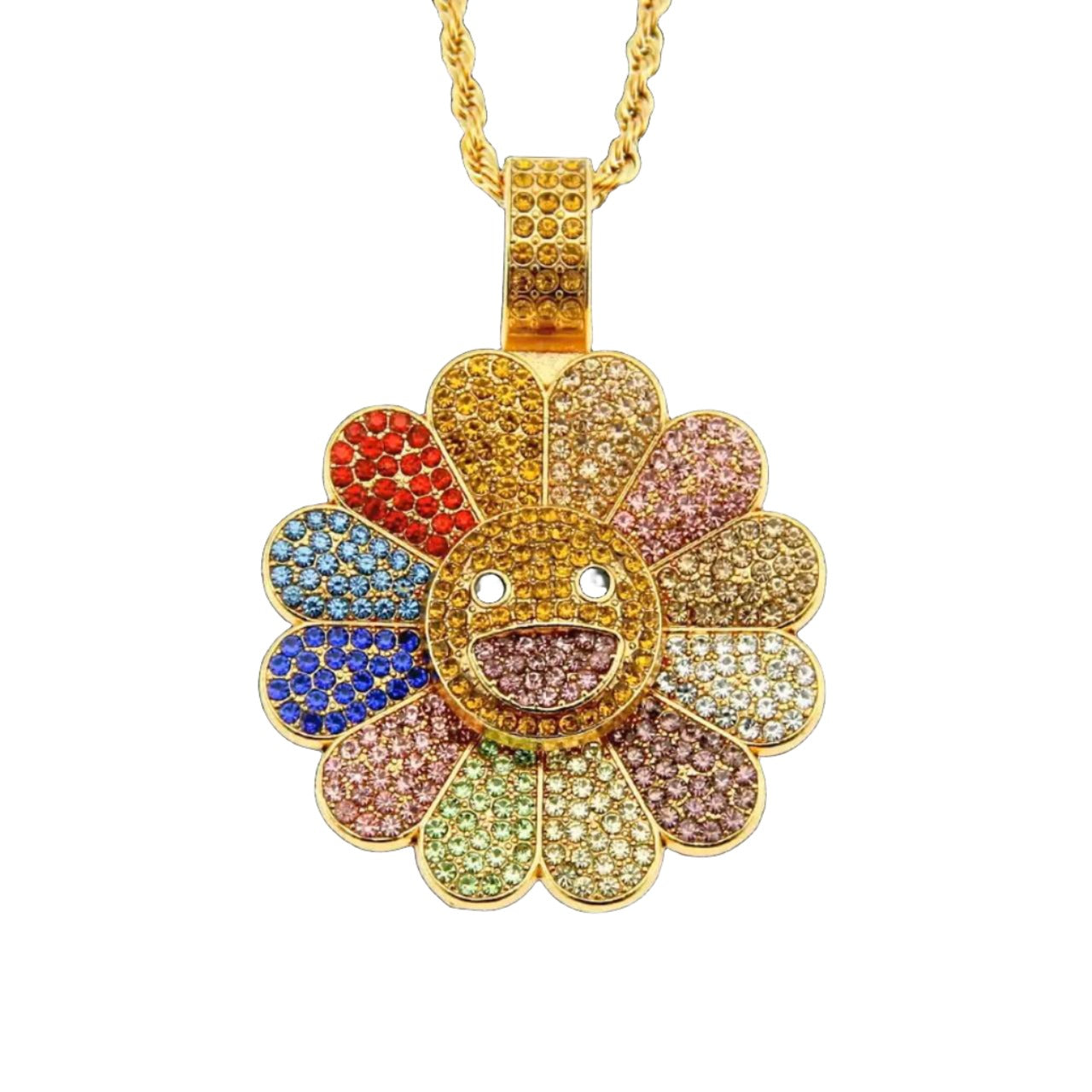 Takashi Murakami Flower Logo Golden Color Rhinestone Spinning Necklace and Chain Set - Luxuria Jewellery